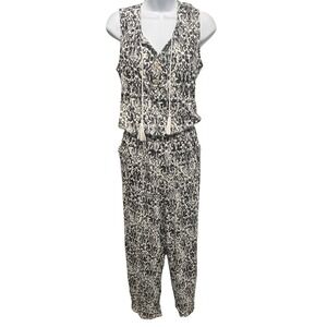 d & co. BEACH Black White Damask Print Linen Blend Tassel Jumpsuit XS